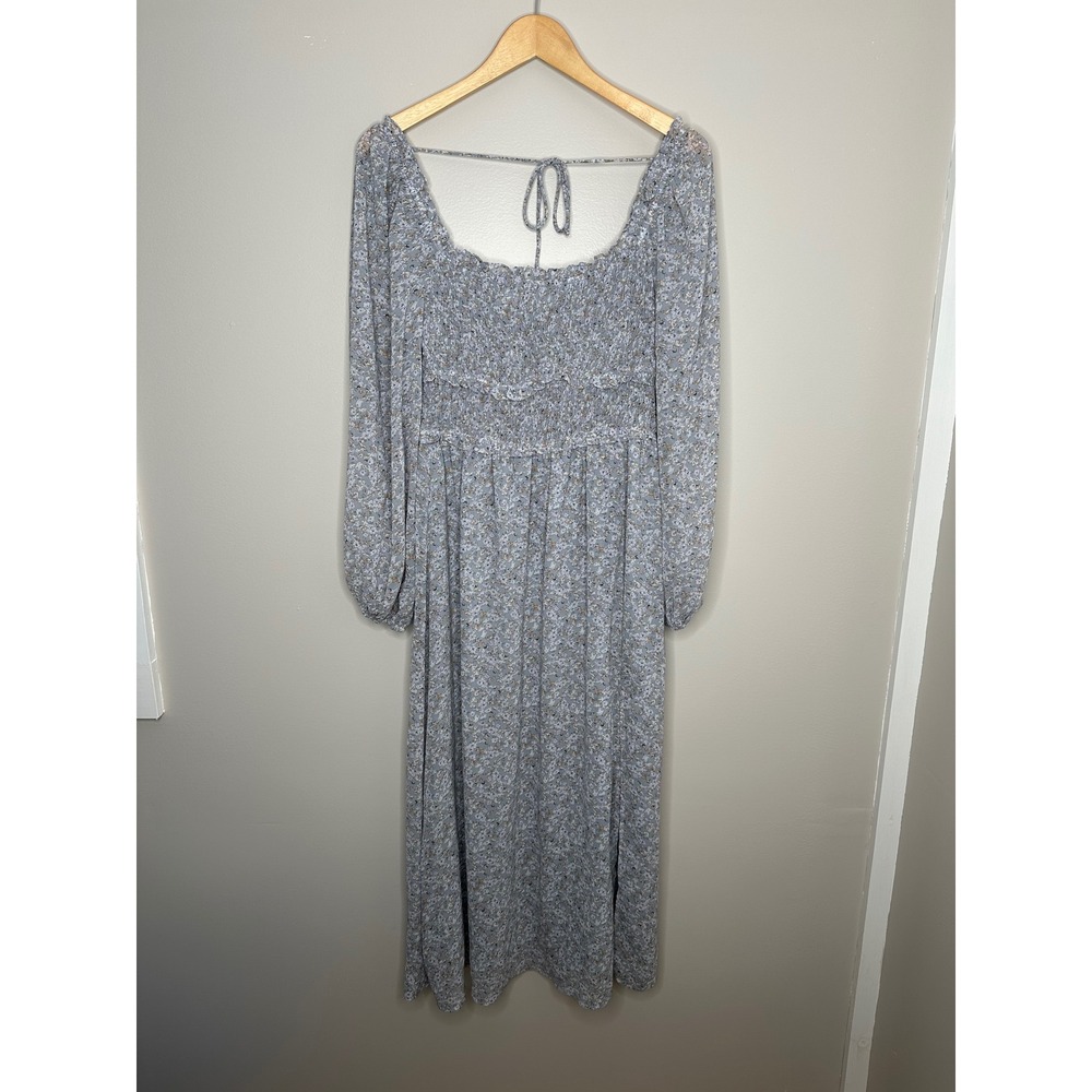 ASTR the‎ Label Women's Bodice Floral Long Sleeve Midi Dress Smocked Blue Medium - Picture 2 of 10